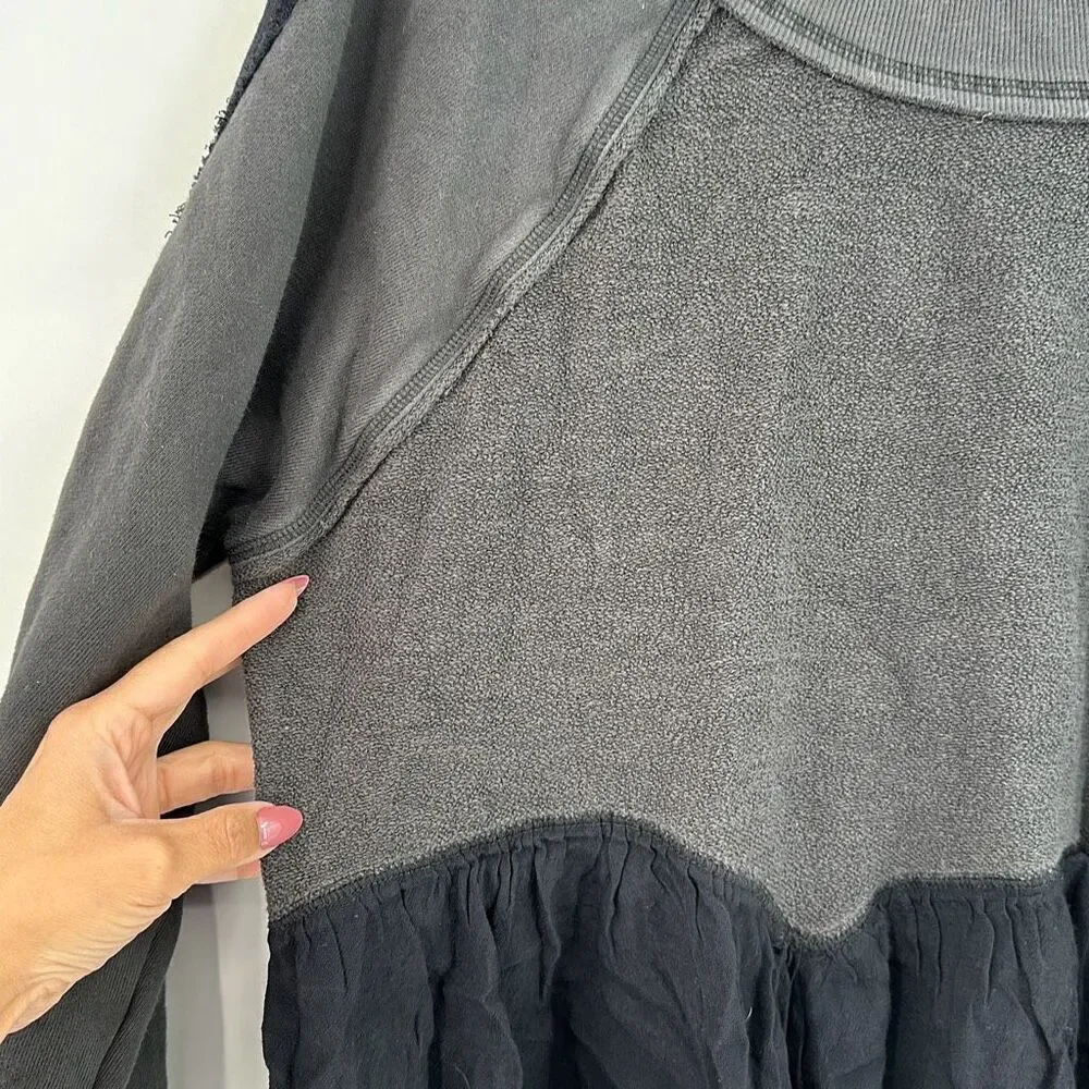 Free People Black Gray Long Sleeve Distressed Boho Peplum Hem Top Size Small
